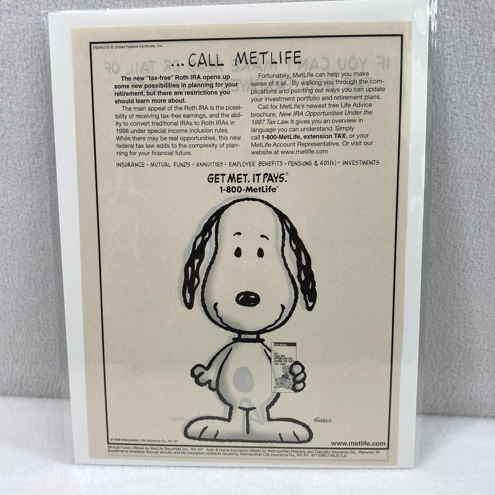 MetLife Print Ad OS Snoopy Vintage 1998 Magazine Advertisement Peanuts Ephemera